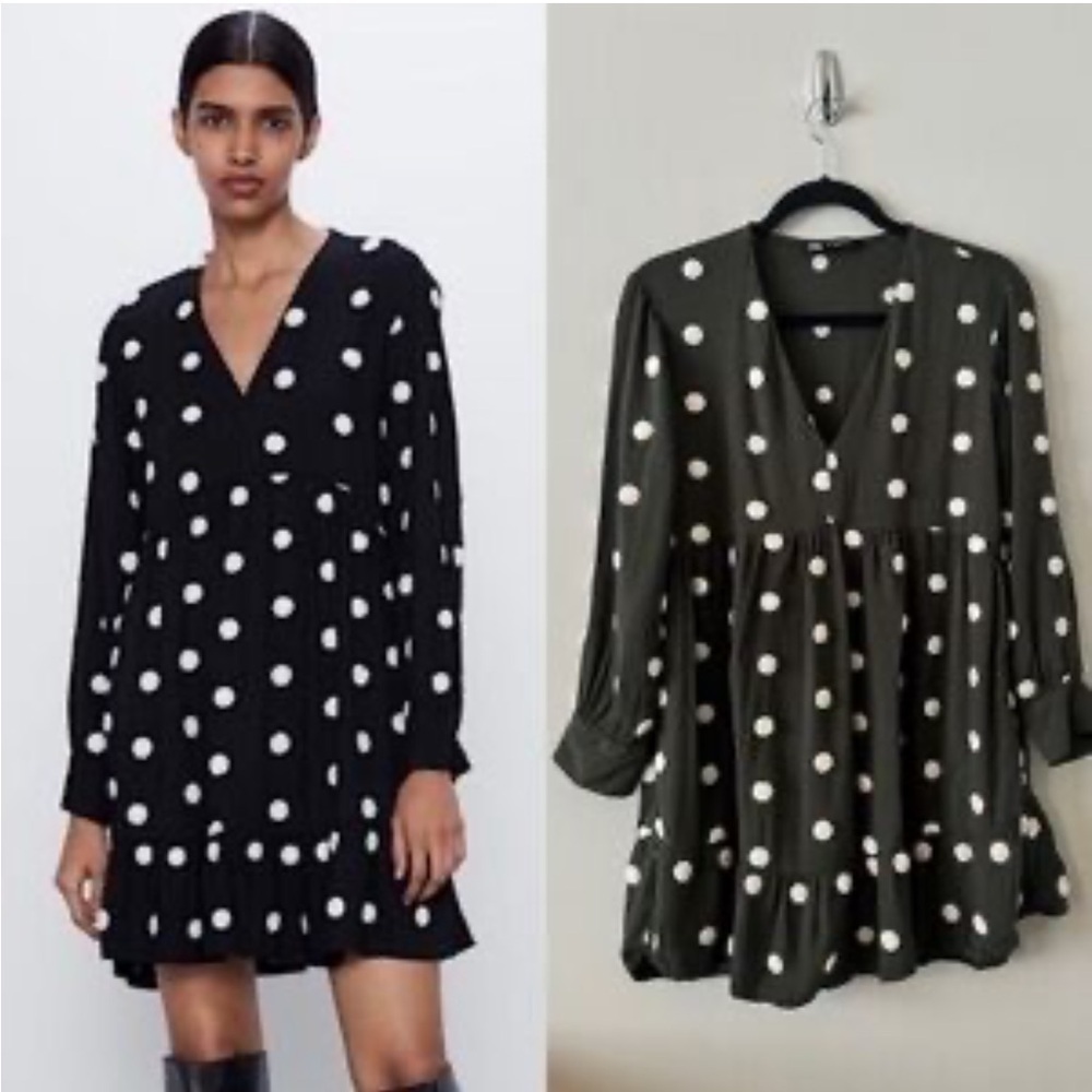 Zara Black Polka Dot Mini V-neck Long Sleeve Dress Size M Trendy Minimalist - Picture 1 of 6